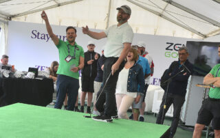 Emotions running high on the Zen Green Stage moving putting green during Staysure Senior PGA Championship.